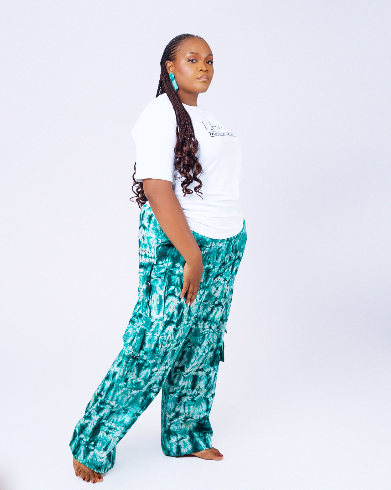 White L’Adire Tee + ASHABI Combat Pants Set